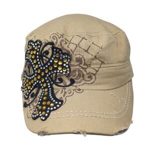 Cross Cadet Army Cap Brown One Size Adjustable Distressed Rhinestone Leader LOGA